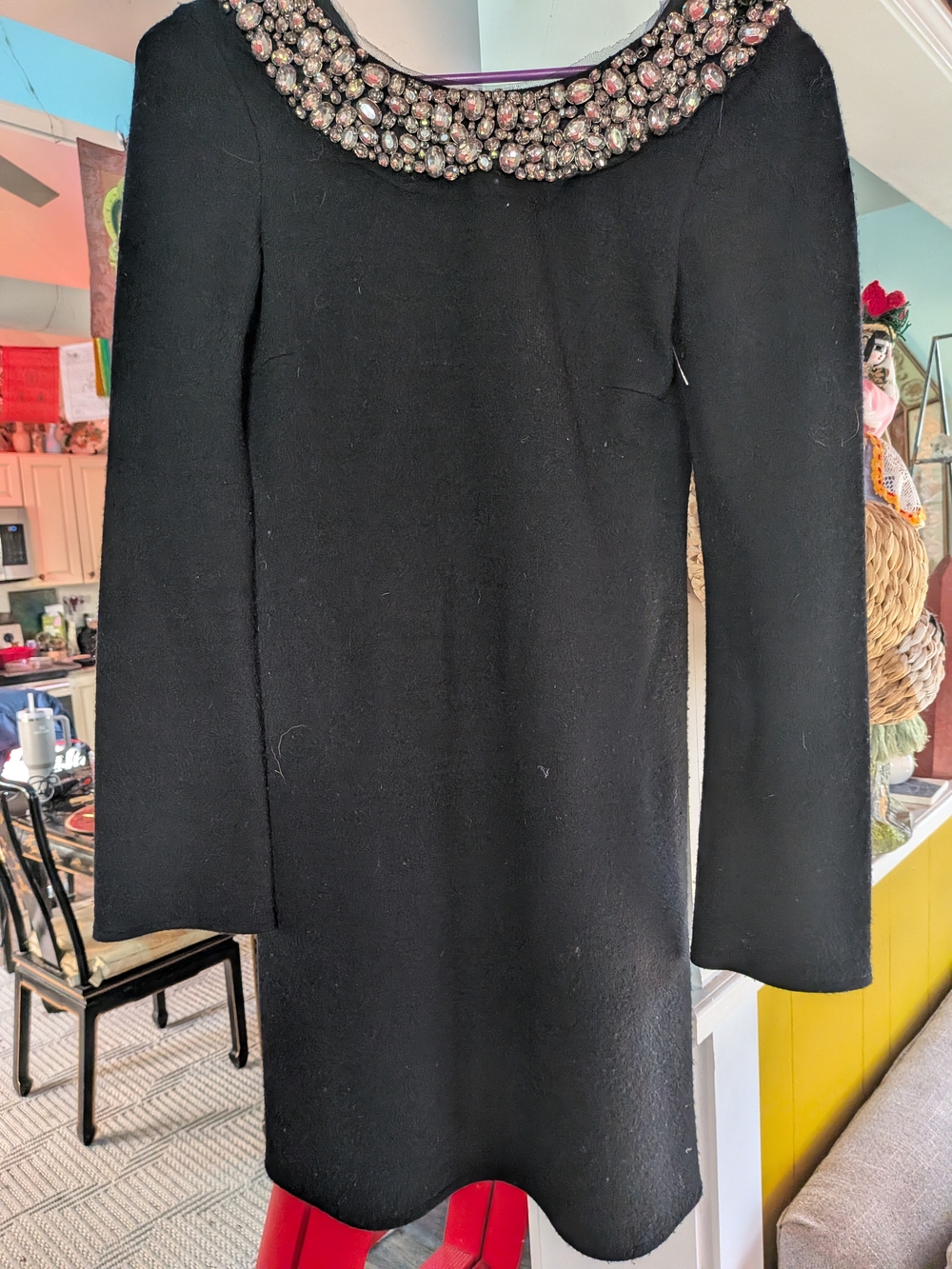 Vera Wang Black Long-Sleeve Dress with Jeweled Collar wool